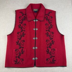 Vintage Woolrich Womens Wool Vest XL Red Embroidered Toggle Front Folk Ruby